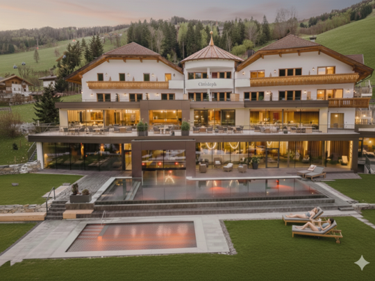 Willkommen in Olang: Hotel Christoph Luxushotel mit Pools und Liegestühlen vor Bergkulisse bei Abendlicht